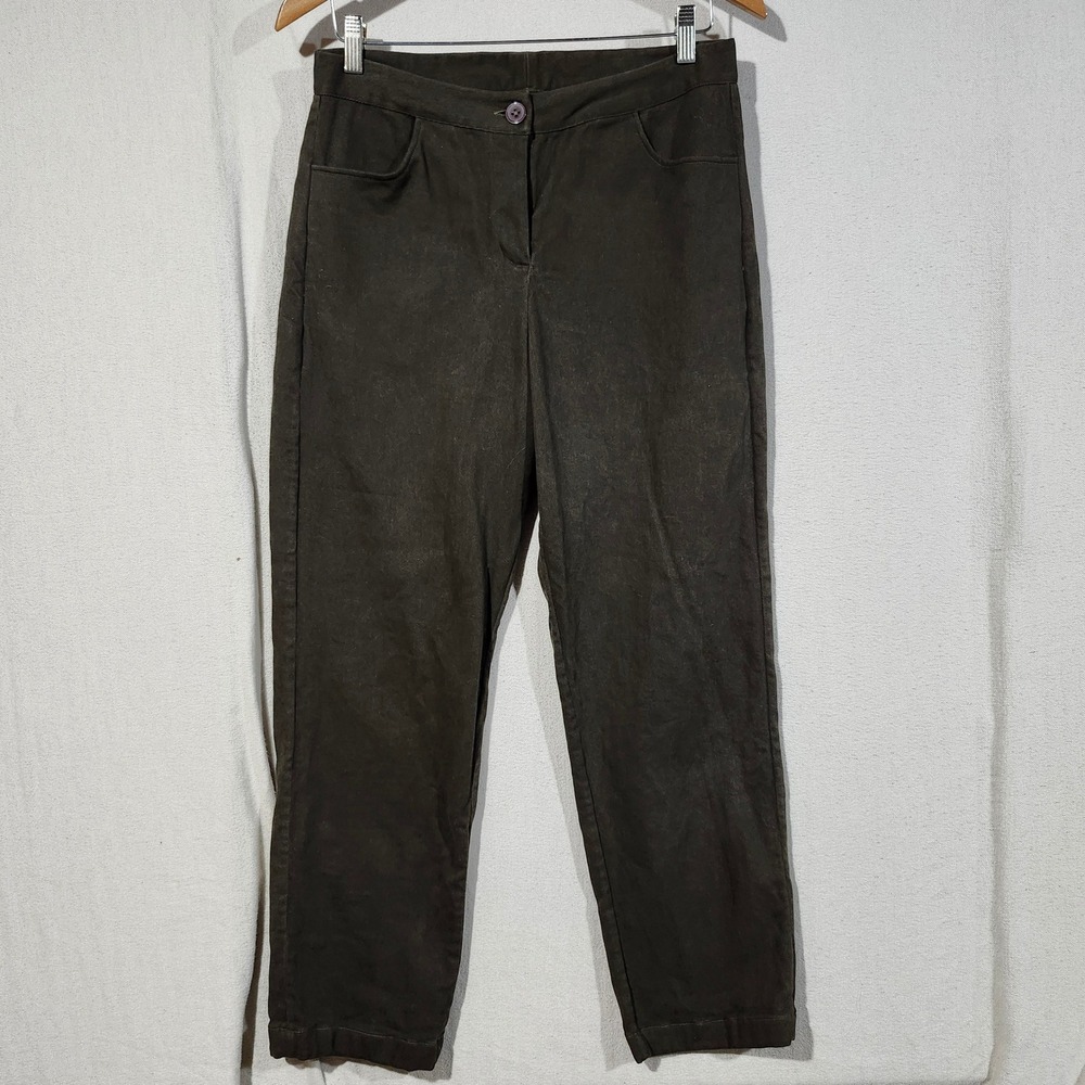 Evolverie Women Large Olive Twill Straight Leg High Rise Pants Handmade Pakistan